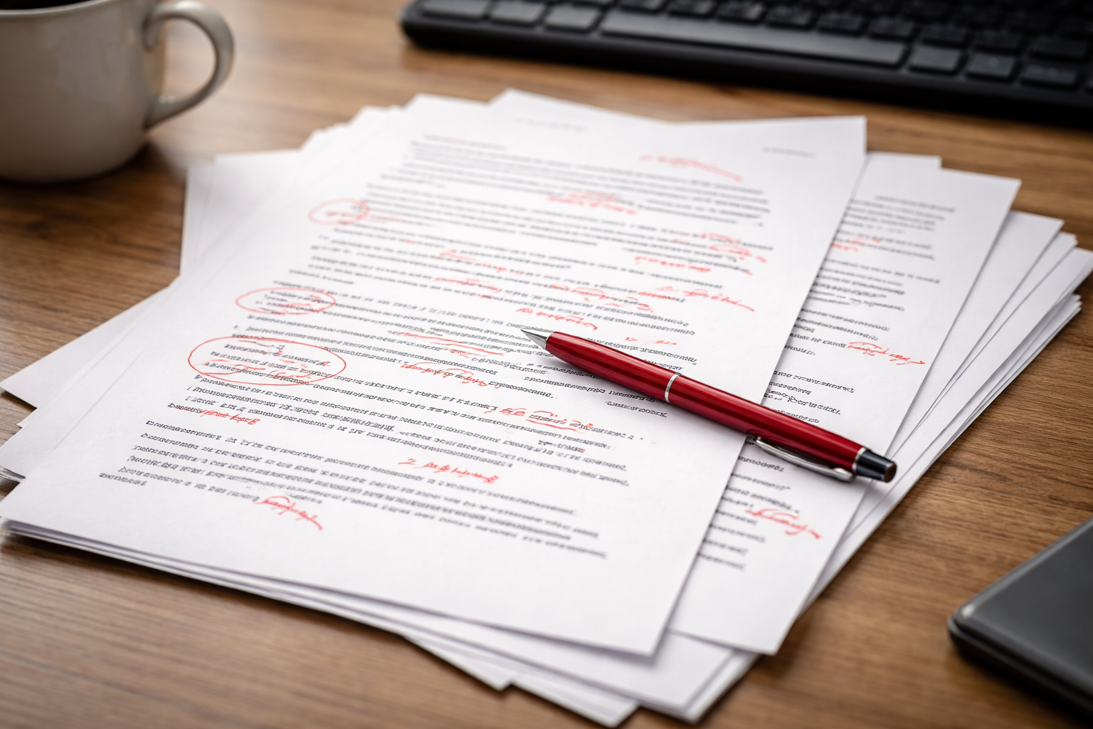 Marked-up draft with handwritten edits and a red pen on a desk during document review.