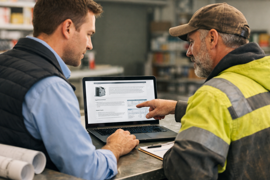 Sales rep and contractor reviewing a technical product page on a laptop during a job-related discussion.