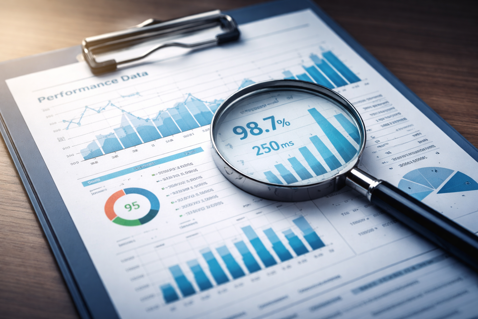Clipboard report with performance charts and a magnifying glass highlighting key metrics during a claim review.