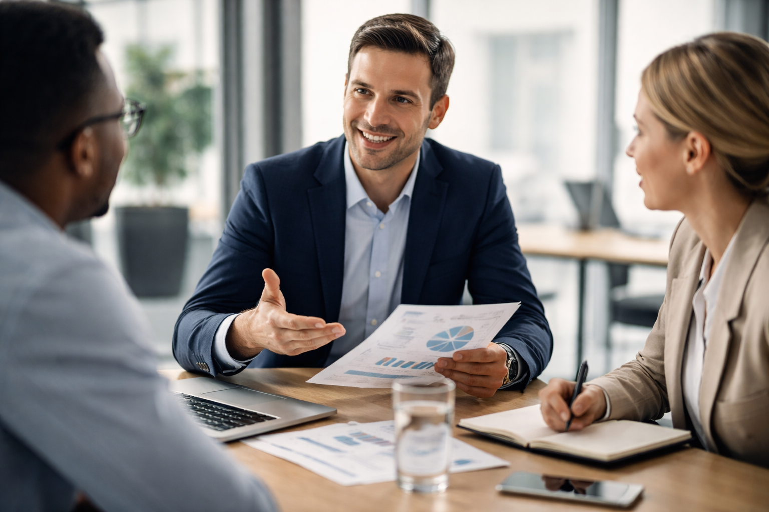 Three coworkers discussing performance charts across a table during a sales meeting.