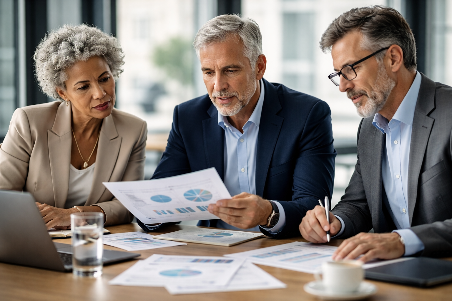 Senior leadership team reviewing performance reports together during a strategy meeting.