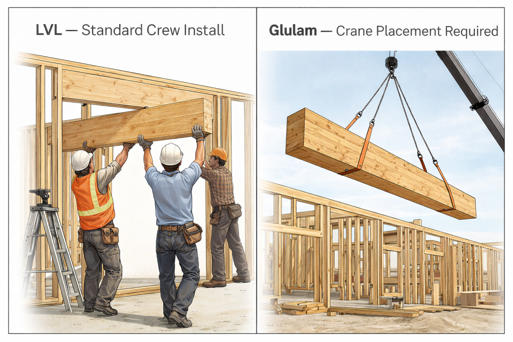 LVL vs glulam installation comparison showing standard crew LVL installation versus crane placement required for large glulam beam