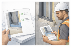 Building materials manufacturer content trust gap showing polished product marketing versus real contractor jobsite conditions