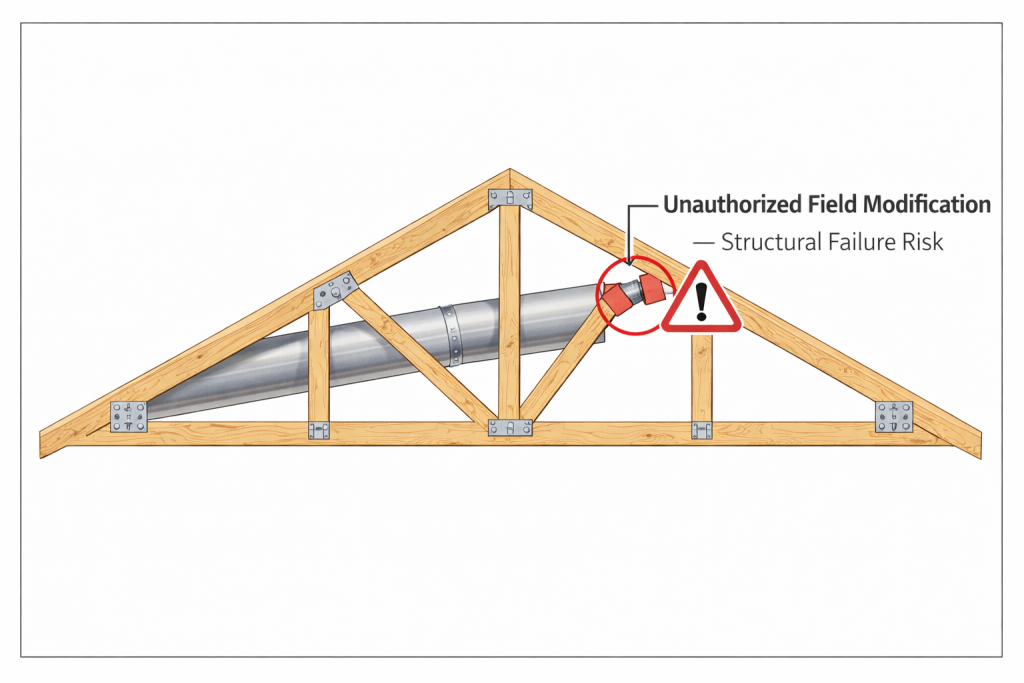 Roof trusses vs rafters modification risk showing cut truss web from unauthorized field modification