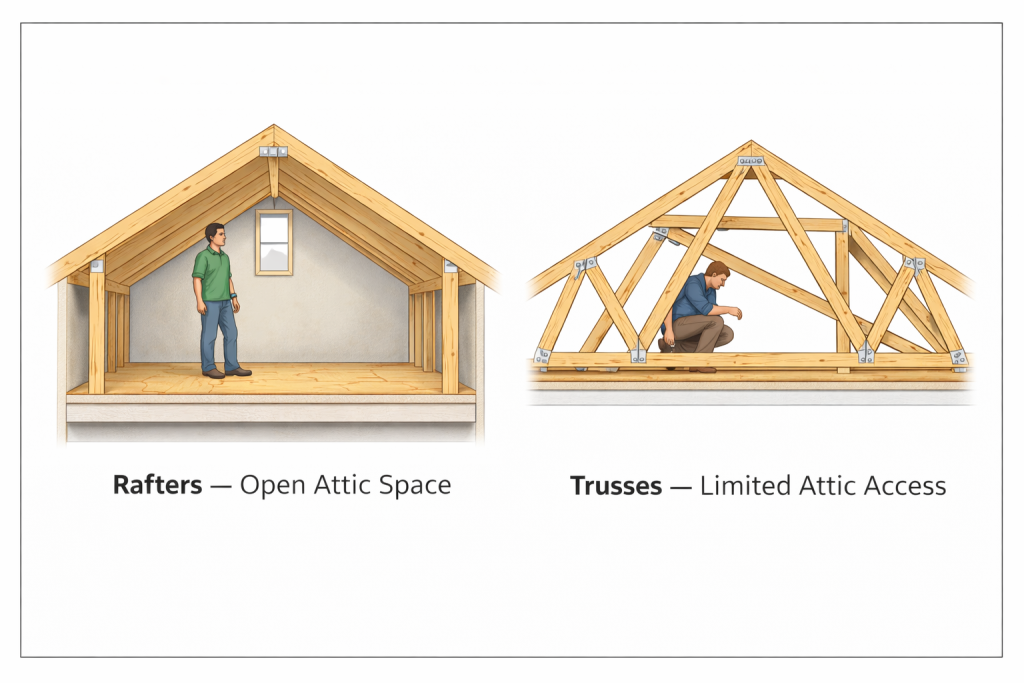 Roof trusses vs rafters attic space comparison showing open rafter attic versus web-restricted truss attic