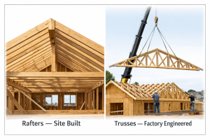 Roof trusses vs rafters comparison showing site-built rafter framing versus crane-set engineered roof trusses