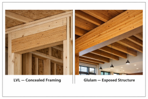 LVL vs glulam comparison showing concealed LVL header framing versus exposed glulam architectural beam