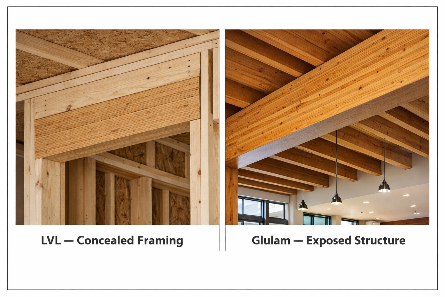 LVL vs glulam comparison showing concealed LVL header framing versus exposed glulam architectural beam