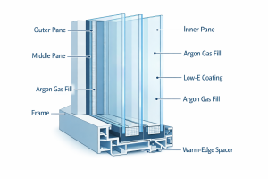 Triple-pane window cutaway diagram showing three glass panes, argon gas fill, Low-E coatings, and warm-edge spacers