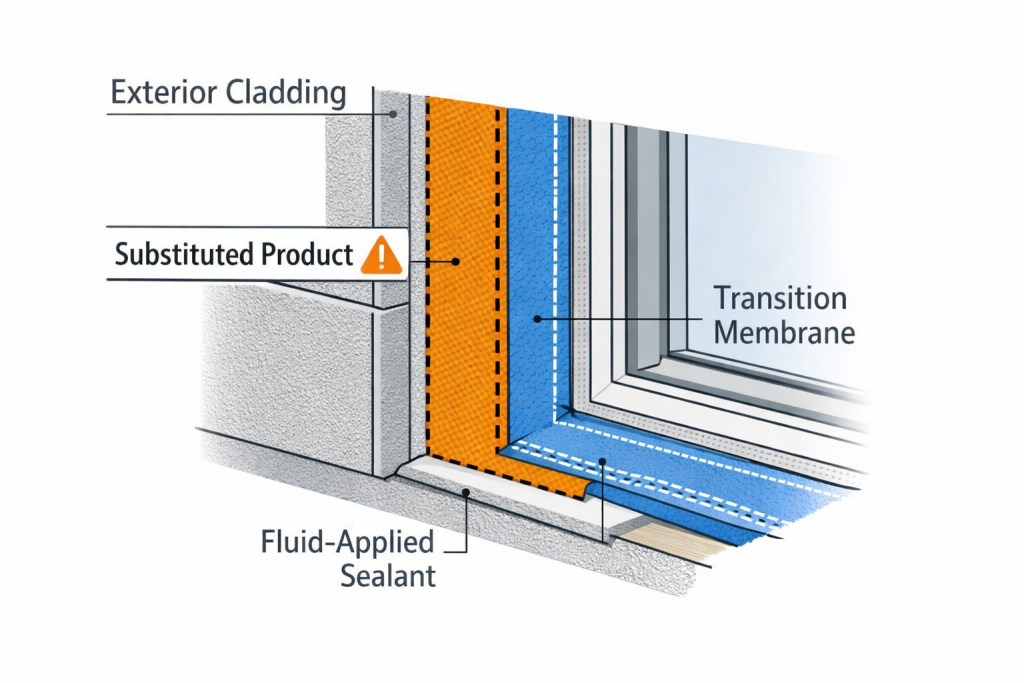 Building envelope system diagram showing air barrier substitution disrupting connected waterproofing and transition membrane components