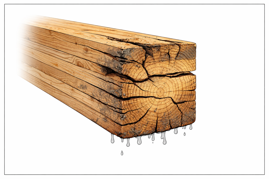 LVL vs glulam moisture damage showing glulam beam delamination and checking from unprotected wet-service exposure