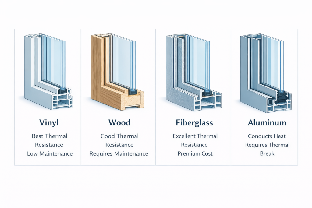 Triple-pane window frame material comparison showing vinyl, wood, fiberglass, and aluminum thermal performance