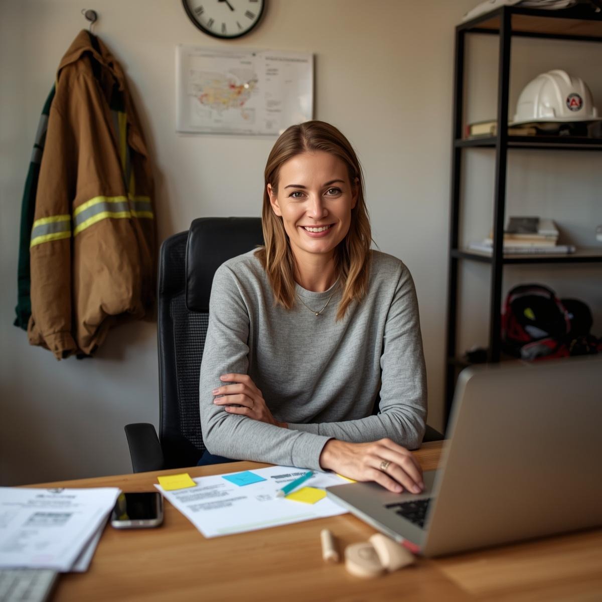 Contractor's wife using AI on laptop to write website content for small construction business