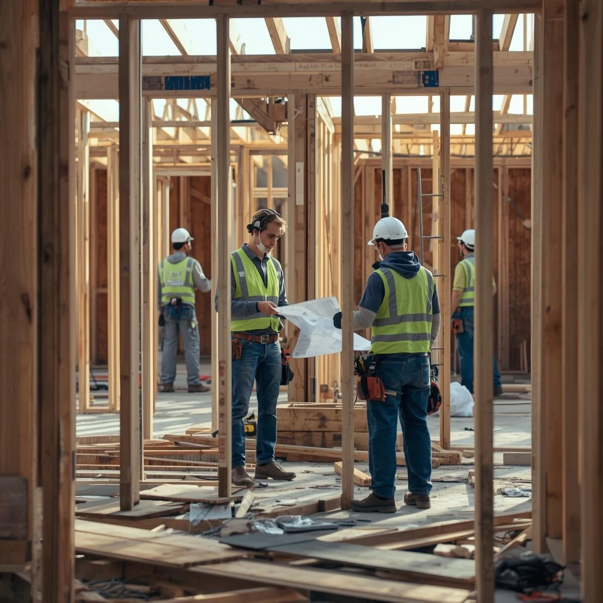 A framing crew, someone reviewing blueprints on a jobsite, a small operation mid-project.