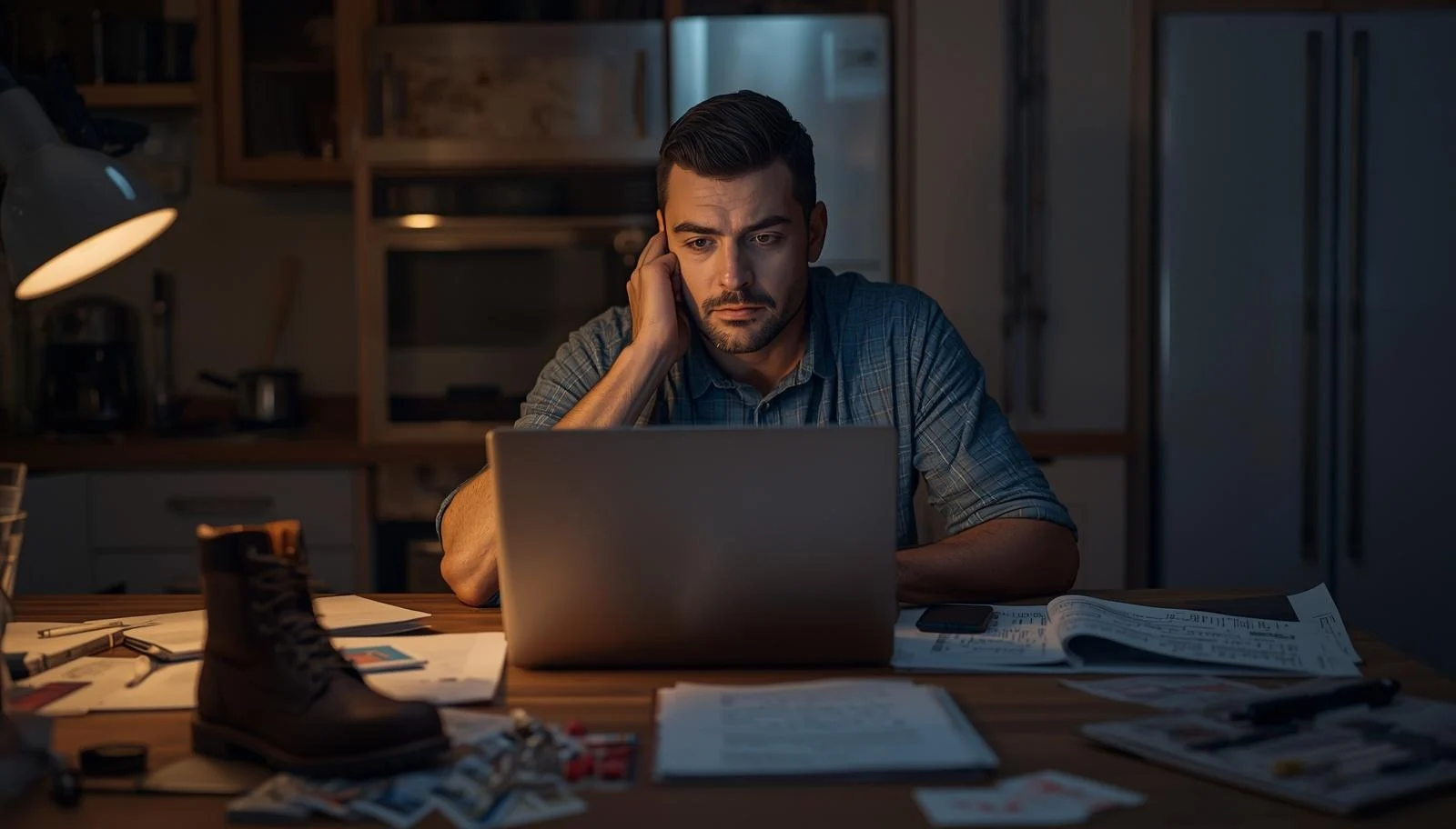 Small contractor working on business marketing at kitchen table
