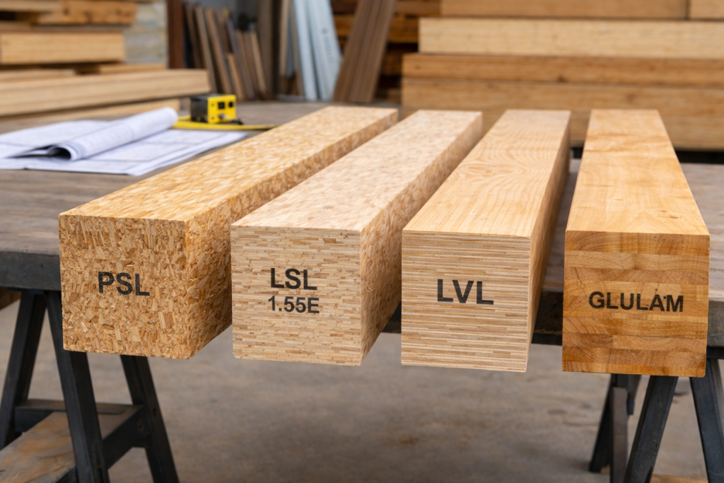 Side-by-side PSL vs LSL engineered wood comparison showing PSL, LSL, LVL, and glulam beam cross-sections in a warehouse setting.