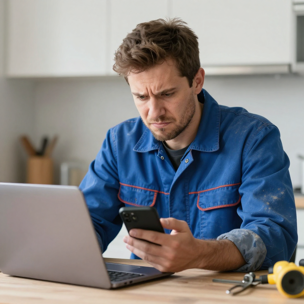 Experienced contractor in work clothes reviewing his website on a laptop at a kitchen table