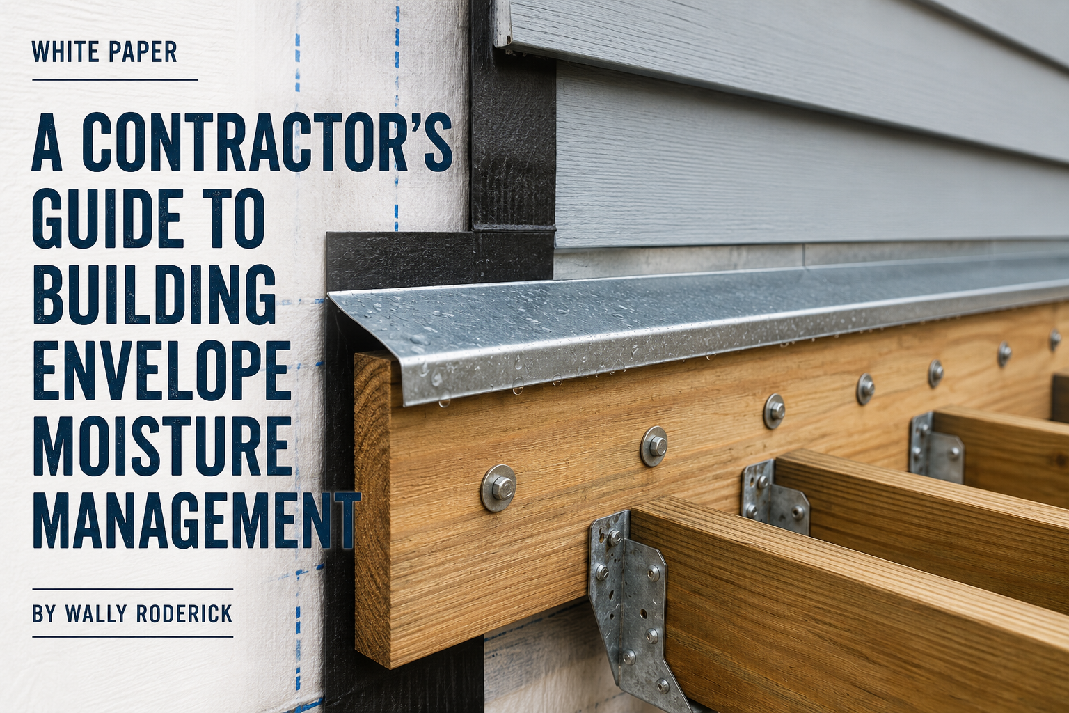 White paper cover showing a properly flashed deck ledger board and joist connection beside the title “A Contractor’s Guide to Building Envelope Moisture Management” by Wally Roderick.