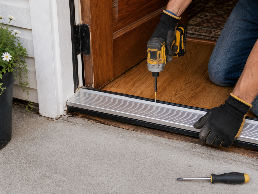 Installing and fastening a new aluminum threshold during a door threshold replacement.