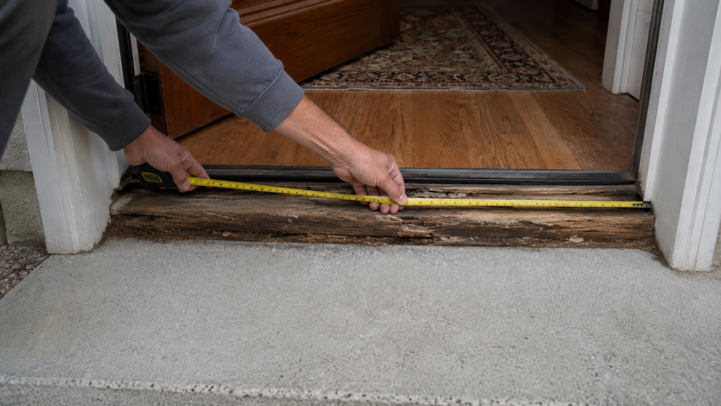 Measuring the doorway width before choosing a door threshold replacement.