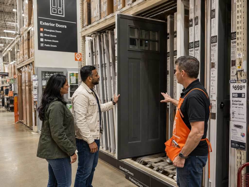 Husband and wife shopping for a new prehung exterior door unit in a big box store, with a store associate helping them pull the door partway out for inspection.