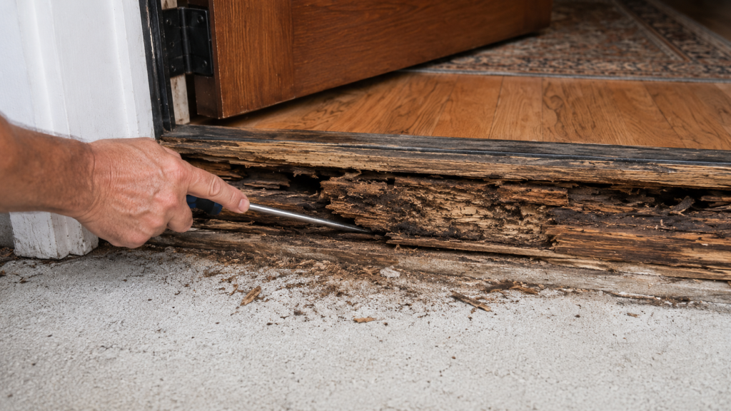 Inspecting damaged wood and rot beneath the sill during a door threshold replacement.