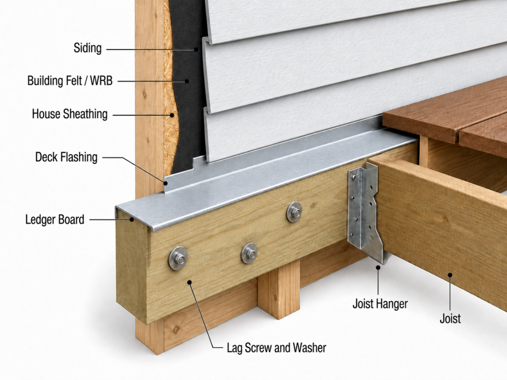 Properly flashed deck ledger board attached to house framing with metal flashing, lag screws, joist hanger, and deck joist.