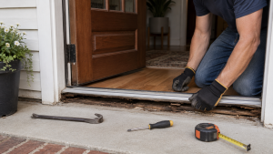 Homeowner beginning a door threshold replacement at an exterior entry with tools beside the exposed sill.