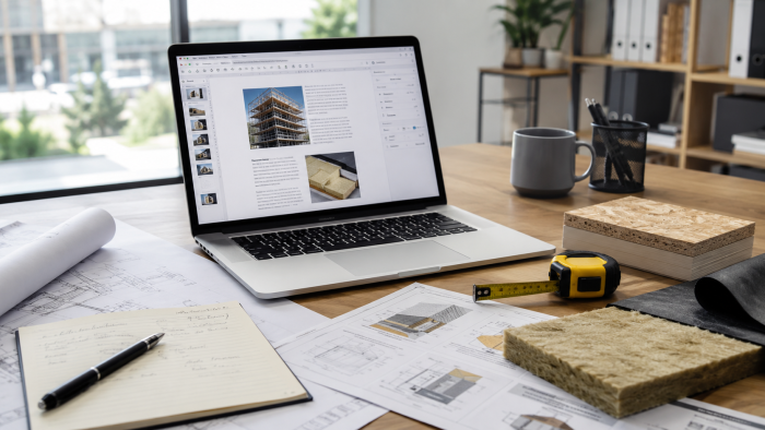 Construction content writer working on content for a marketing agency