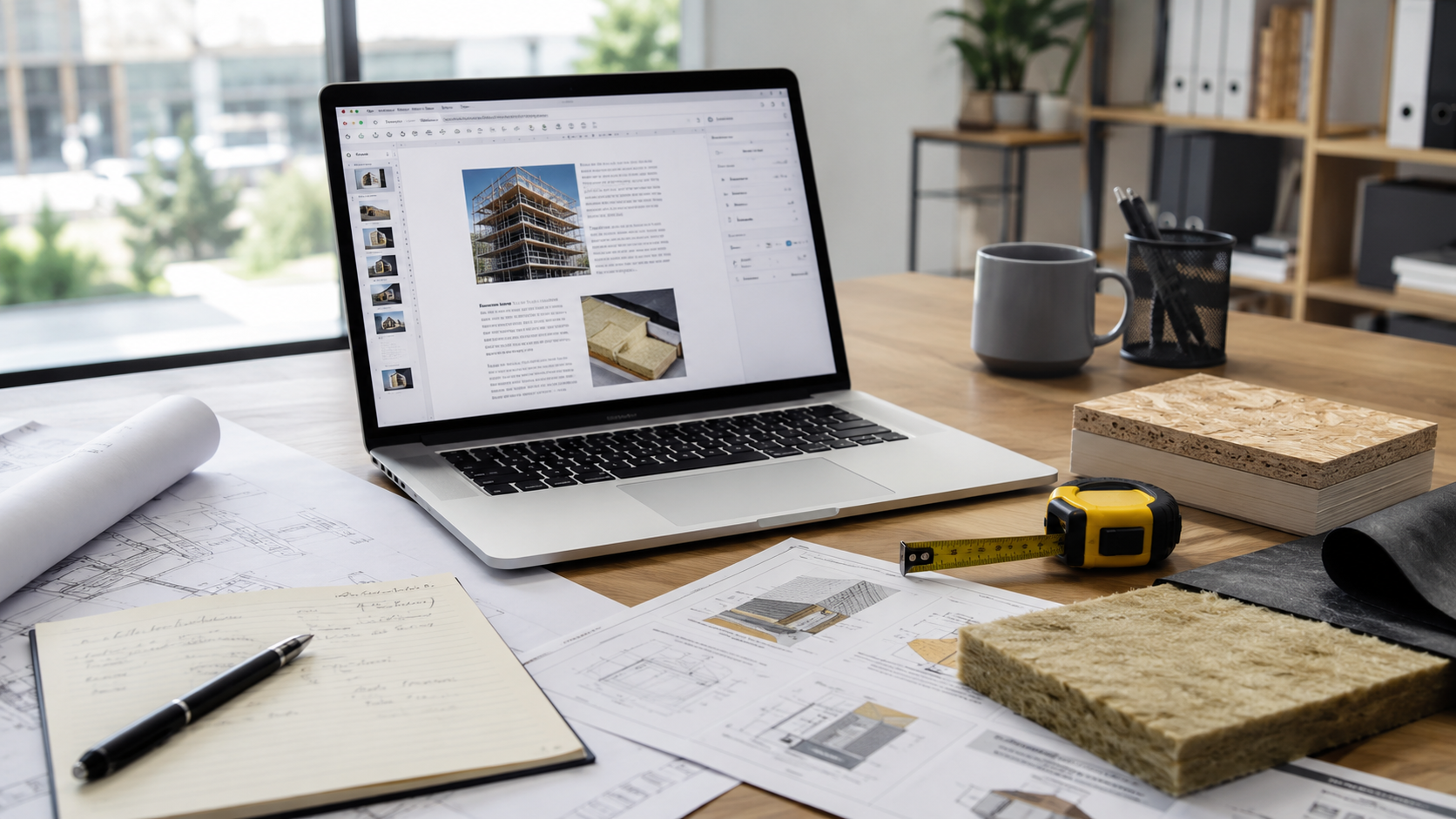 Building product content writer reviewing a construction article beside plans, product samples, and a tape measure.
