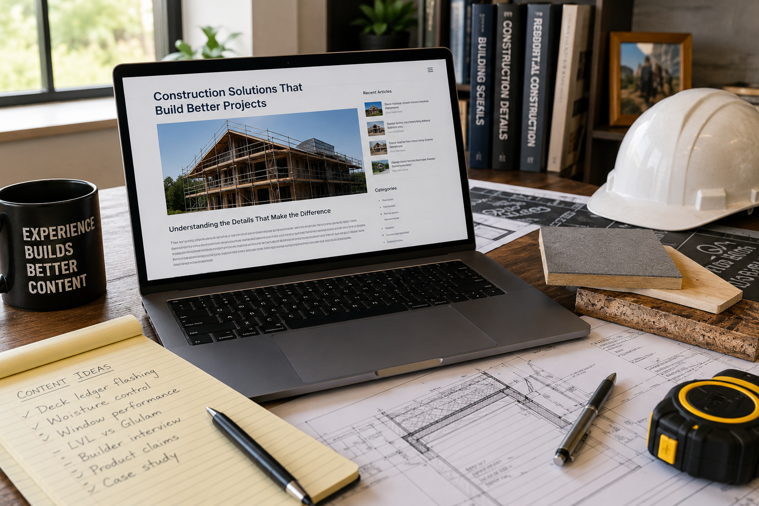 Construction writing portfolio displayed beside building plans, technical reports, and building-material samples.