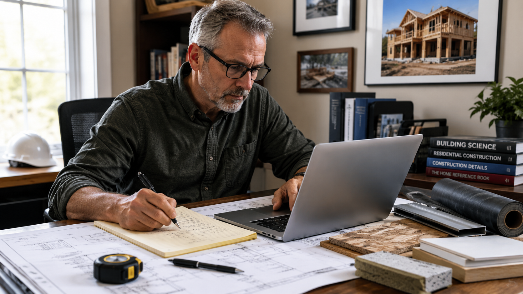 Construction content writer reviewing building plans and product information while working on an article.