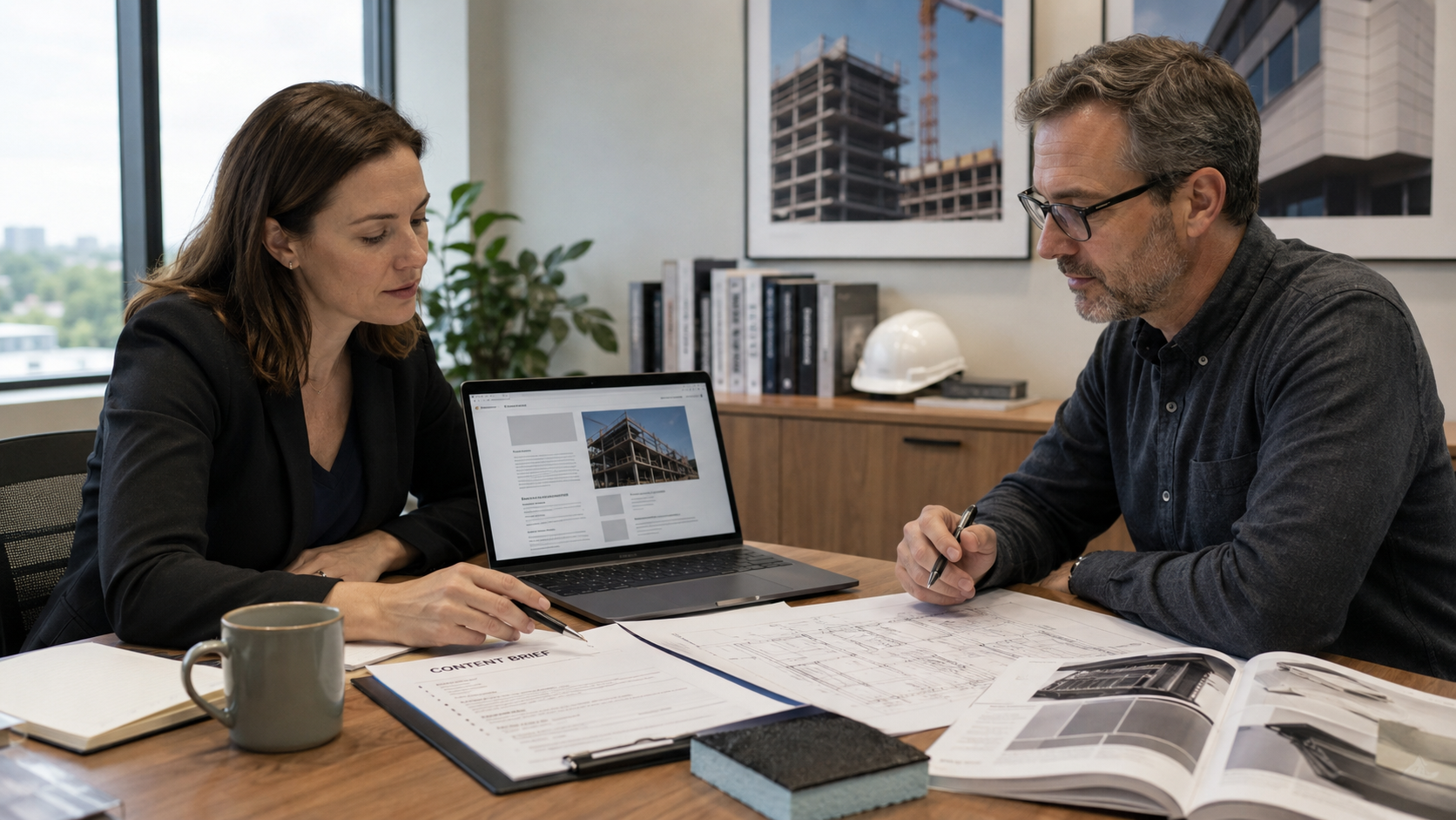 Agency and writer going over Construction content writing for agencies brief