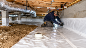 Contractor installing a sealed vapor barrier in a residential crawl space to help control crawl space moisture.