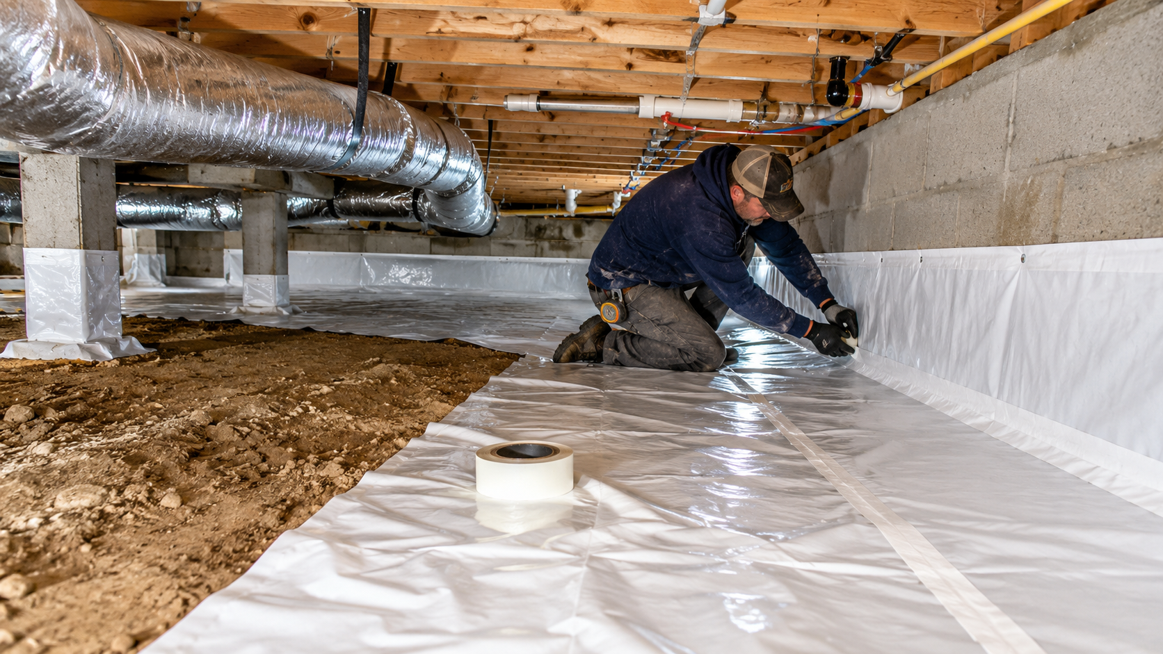 Contractor installing a sealed vapor barrier in a residential crawl space to help control crawl space moisture.