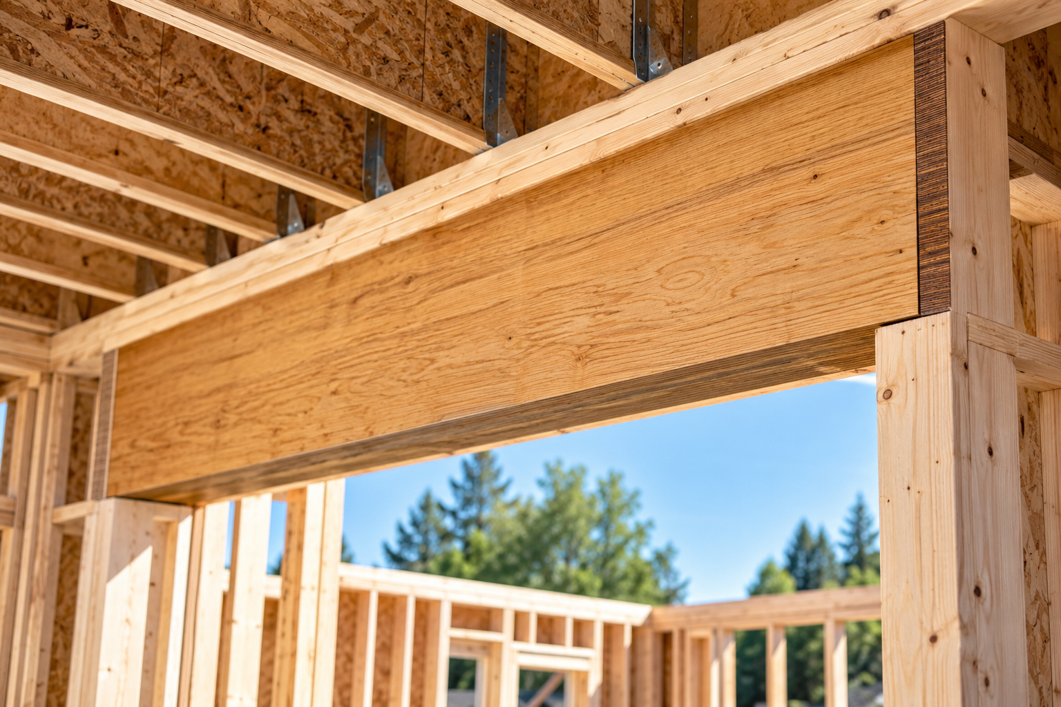 LVL span chart example showing an engineered LVL beam installed across a framed wall opening