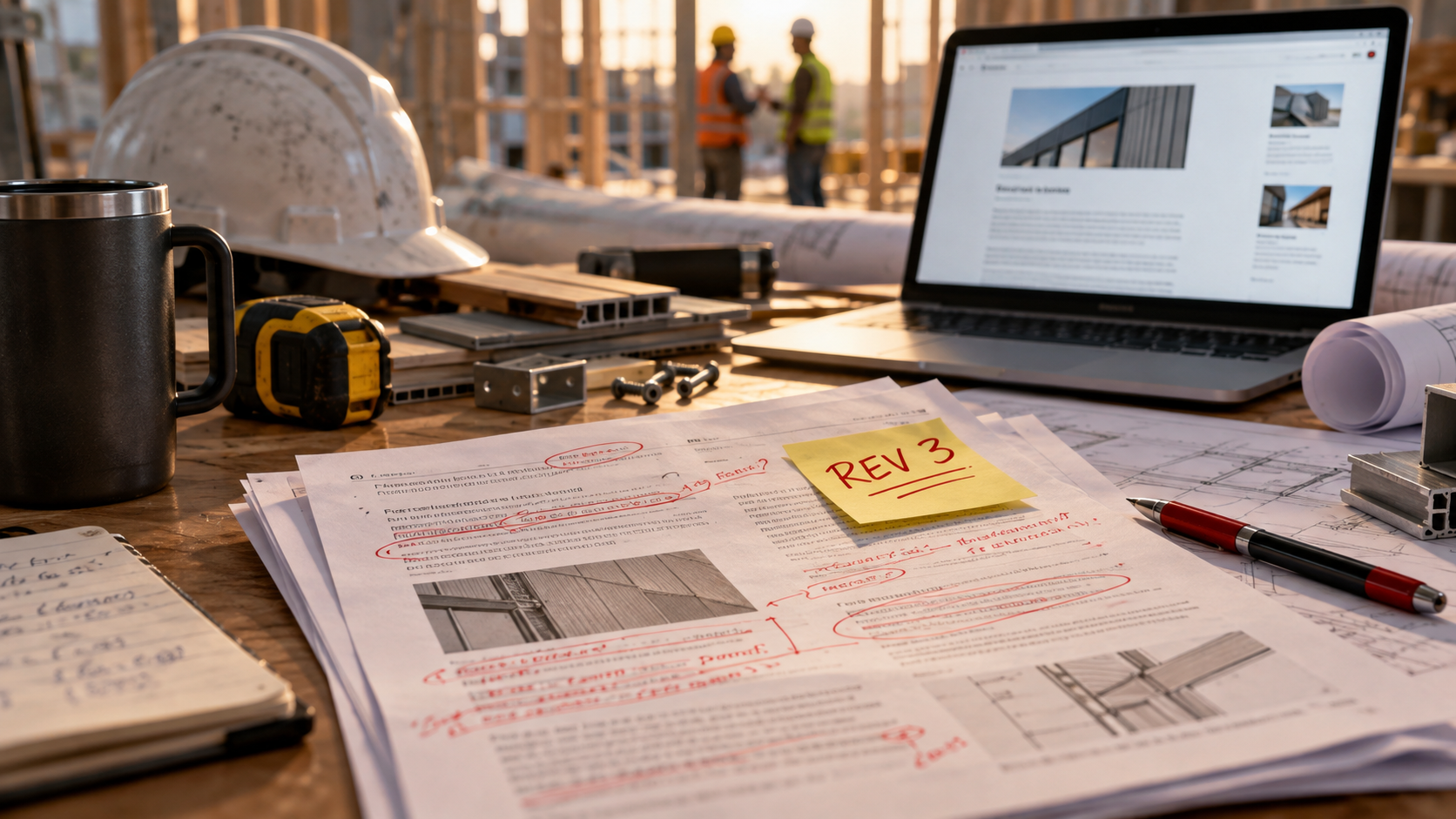 Low quality content shown as a heavily marked-up technical article draft on a construction-site desk with revision notes, blueprints, a hard hat, tape measure, and laptop.