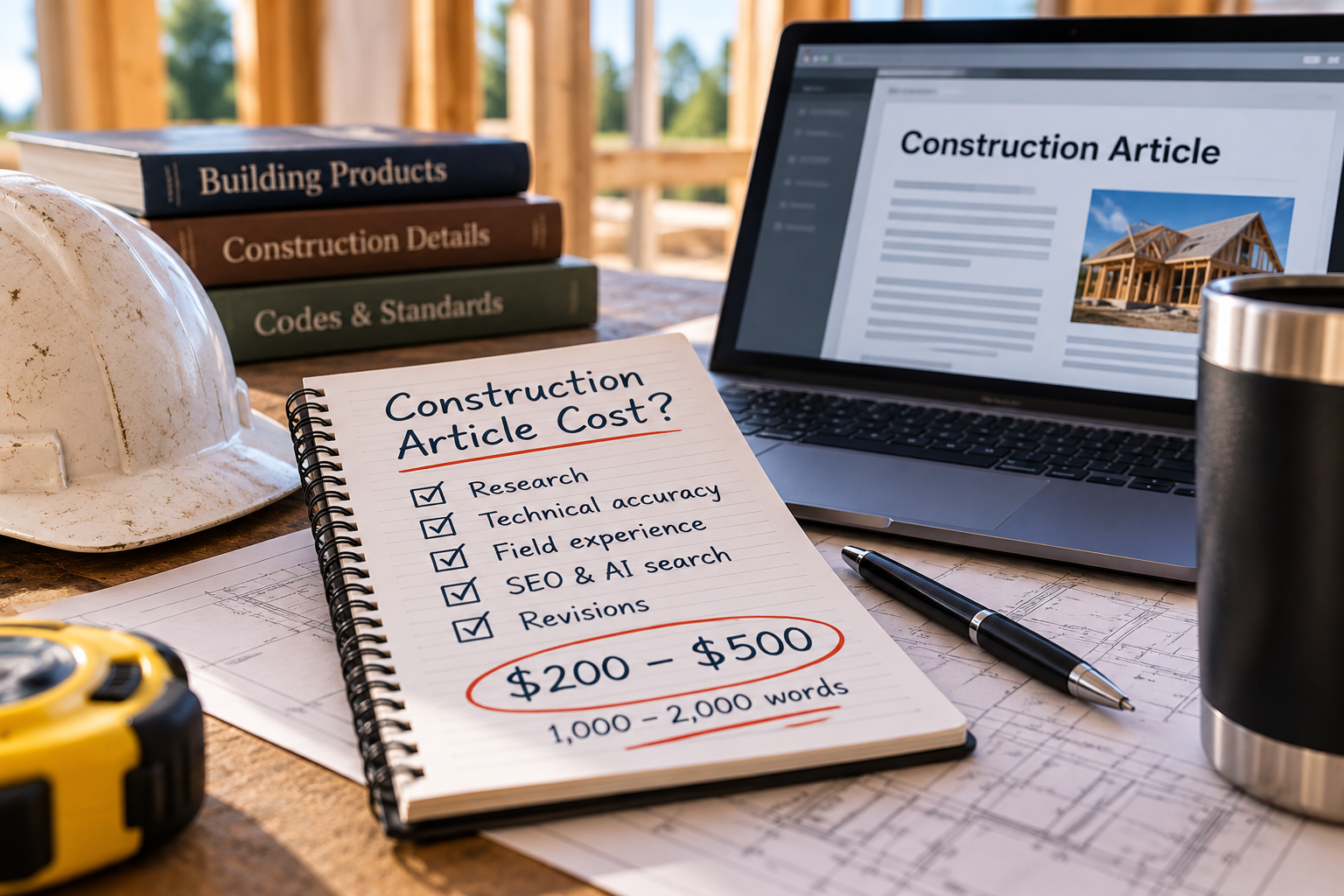 Construction writer reviewing article pricing at a jobsite desk with a laptop, blueprints, hard hat, tape measure, and a notebook showing a $200–$500 article price range.